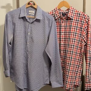 2 Men's Shirts! Calvin Klein Blue Gingham & J Crew Red/Navy Checkered Shirts